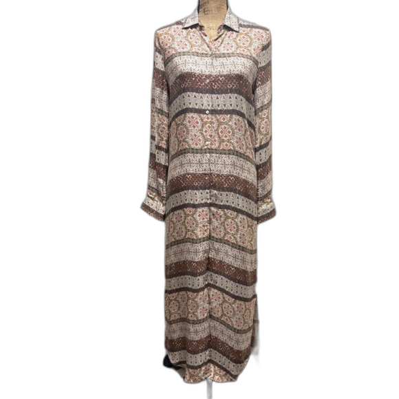 White Crow Maxi Shirt Dress Button Front Mixed Print Bohemian Flowy Size Small - Picture 1 of 6